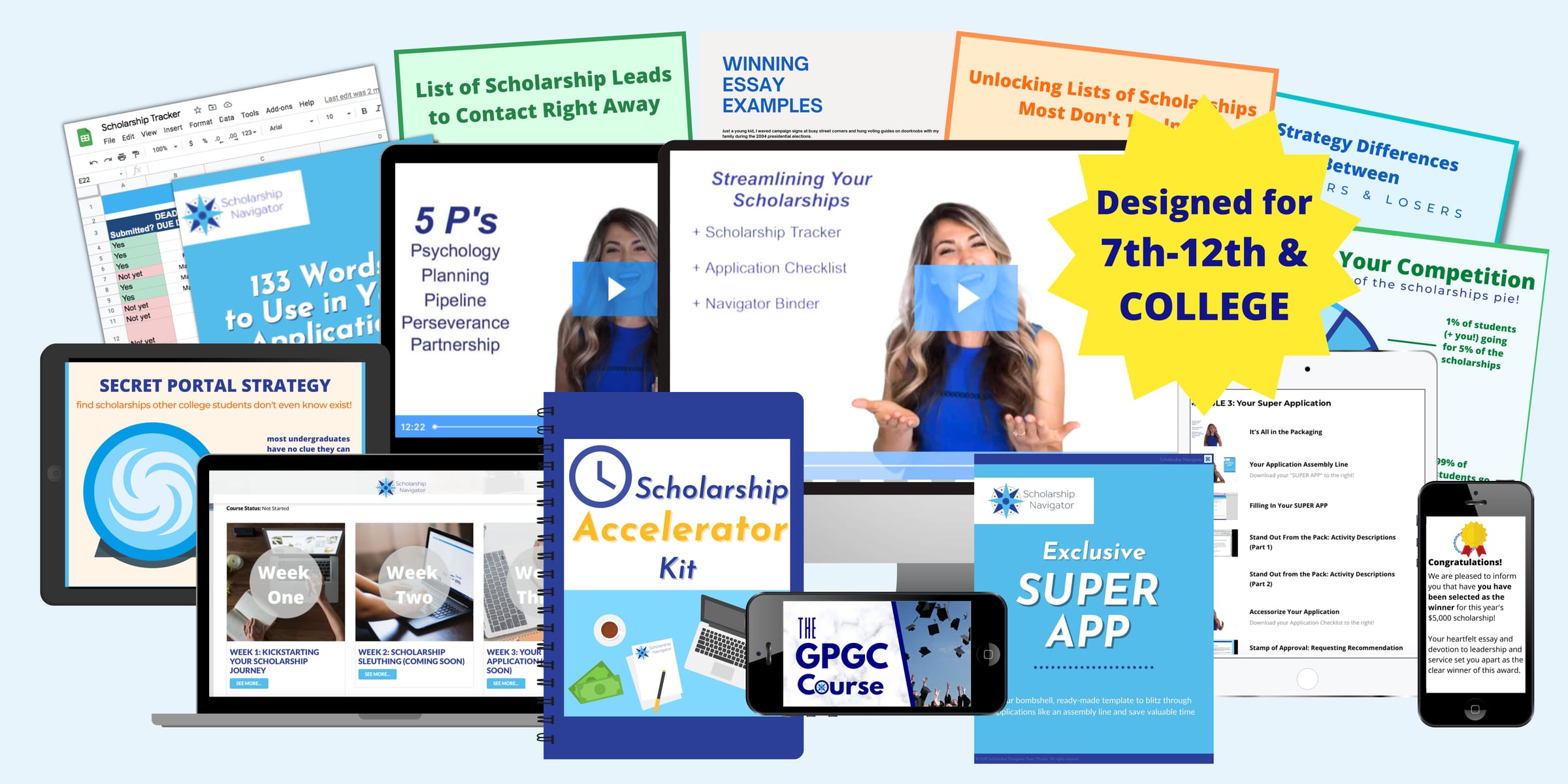 Get Paid to Go to College program materials, including guides, a laptop, and a tablet