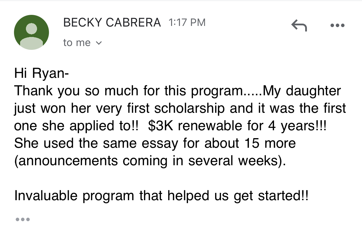 Email from Becky Cabrera about her daughter’s first scholarship win