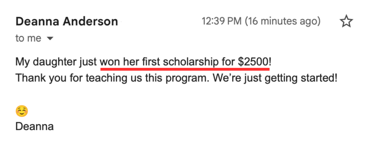 Email from Deanna Anderson about her daughter’s first $2,500 scholarship