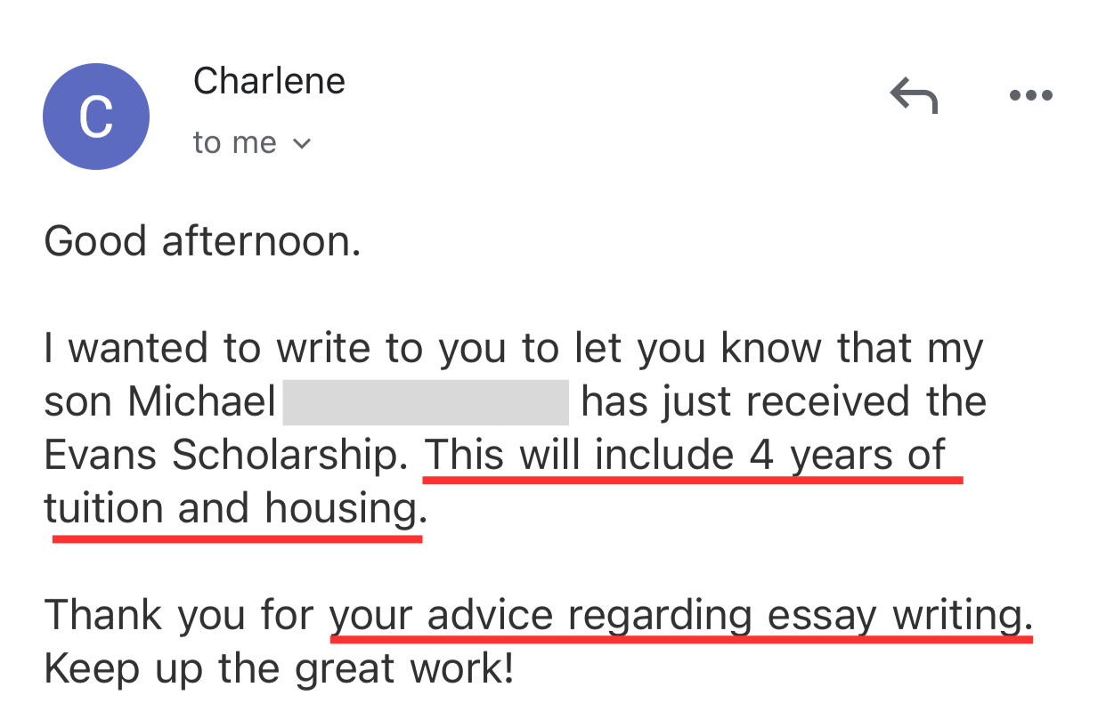 Email from Charlene about her son receiving the Evans Scholarship