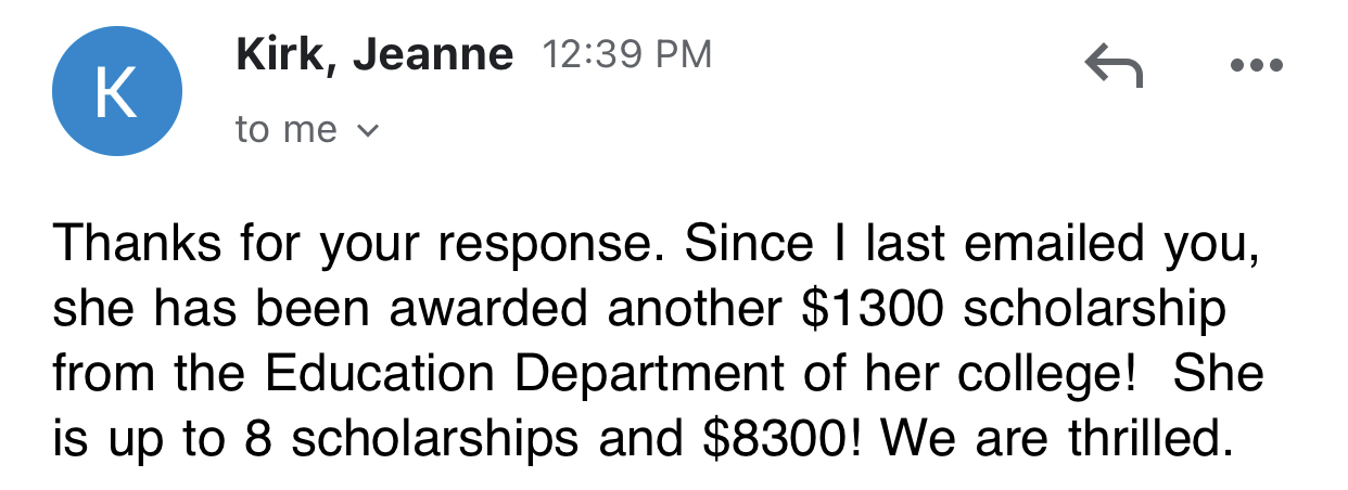 Email from Jeanne Kirk about additional scholarship awards