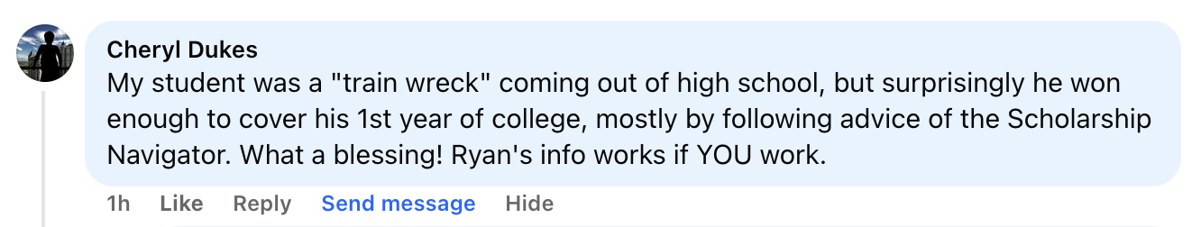 Message from Cheryl Dukes about her student covering a first year of college