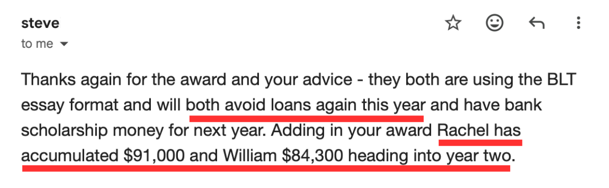 Screenshot sharing a large combined scholarship result for twins and crediting essay-format guidance.