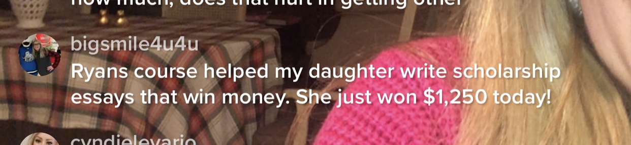Screenshot sharing a $1,250 scholarship win after using essay strategies.