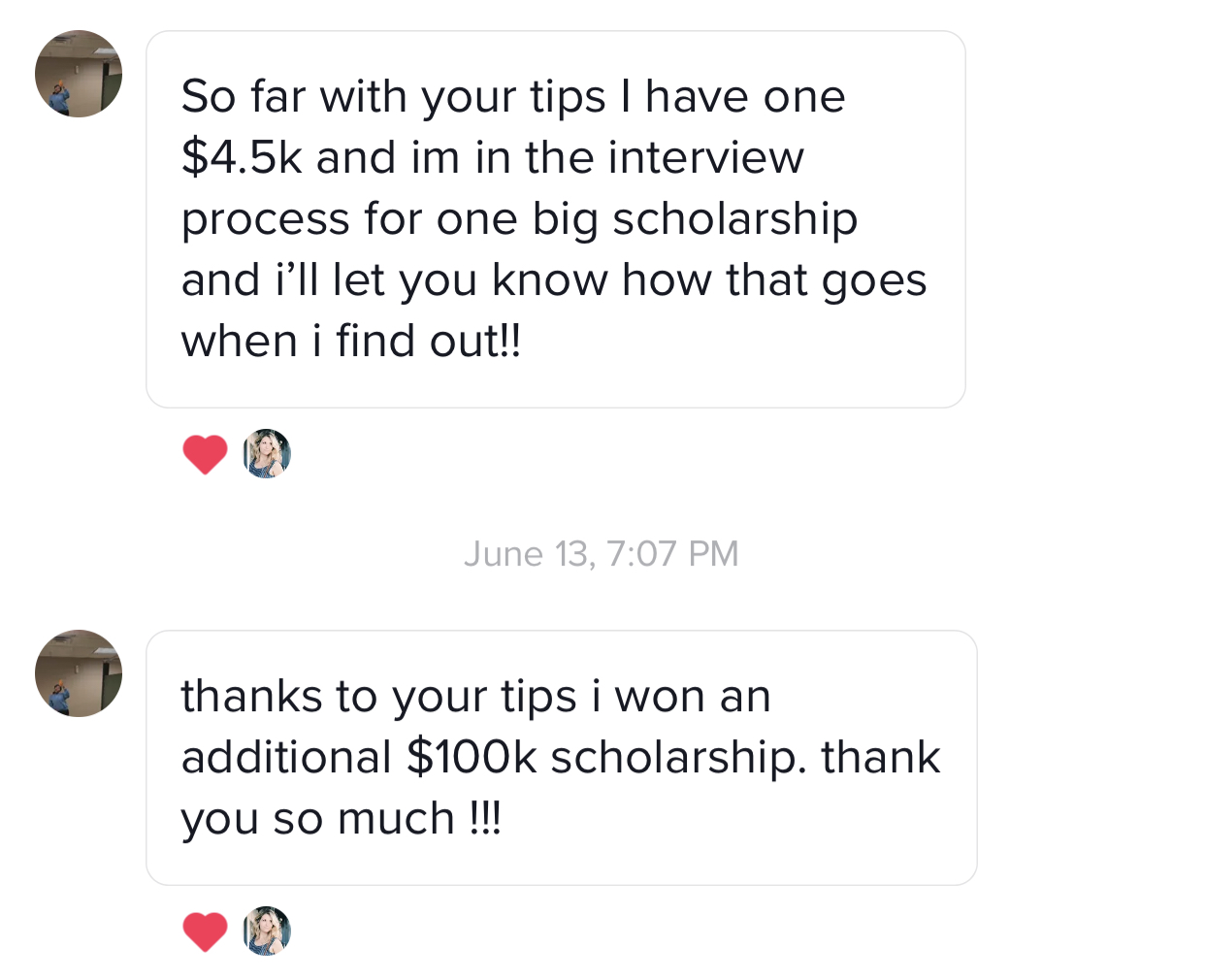 Screenshot sharing scholarship wins that grew from $4,500 to an additional $100,000 after using essay tips.