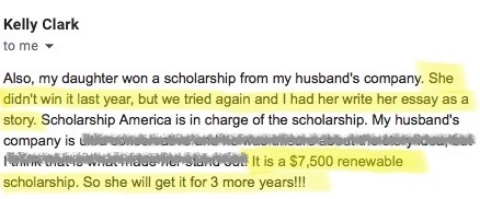 Screenshot sharing a $7,500 renewable scholarship worth $30,000 over four years and describing essay reuse as a story.