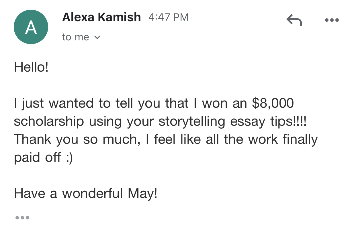 Screenshot sharing an $8,000 scholarship win and crediting storytelling essay guidance.