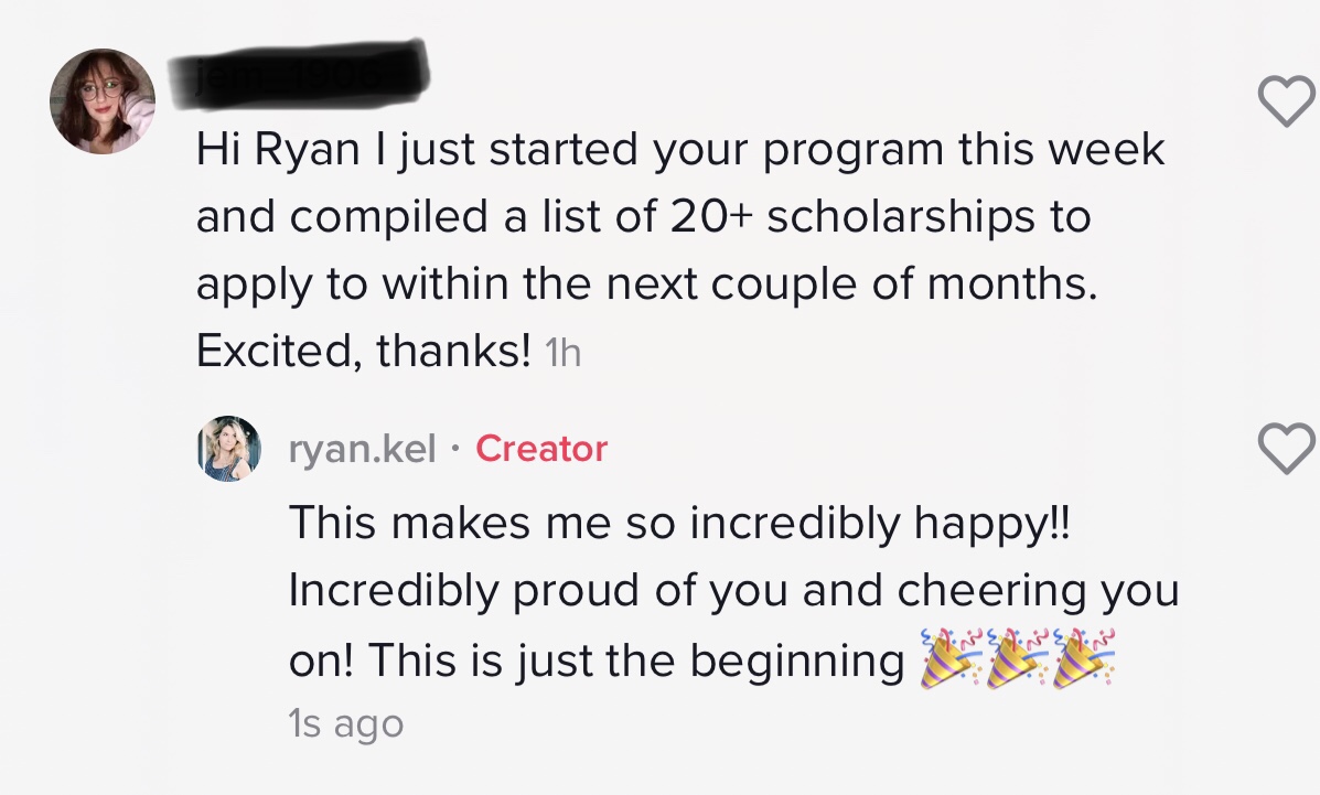 Screenshot sharing that a family found more than 20 scholarship opportunities after getting started.