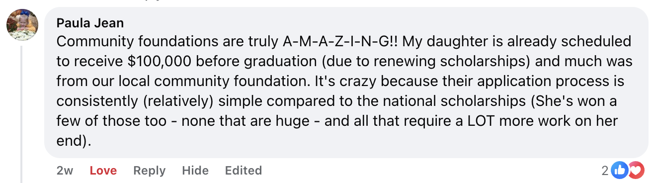 Screenshot sharing approximately $100,000 in scholarships connected to community-foundation opportunities.