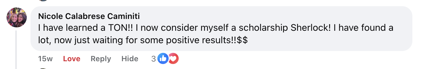 Screenshot sharing that Scholarship Navigator helped a family find many scholarship opportunities.