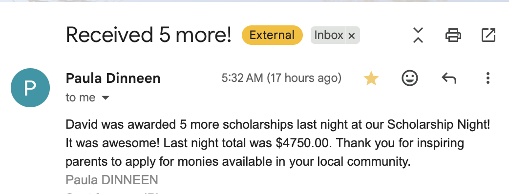 Screenshot sharing multiple wins from a community Scholarship Night.
