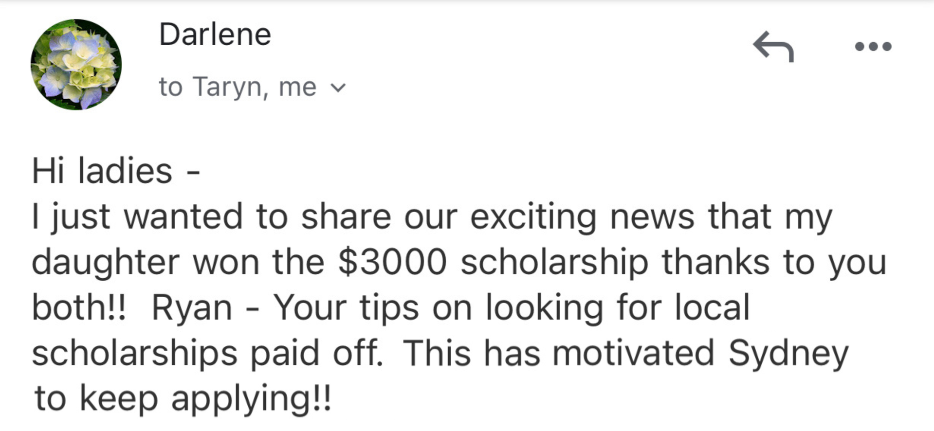 Screenshot sharing a $3,000 local scholarship win and crediting local-scholarship tips.