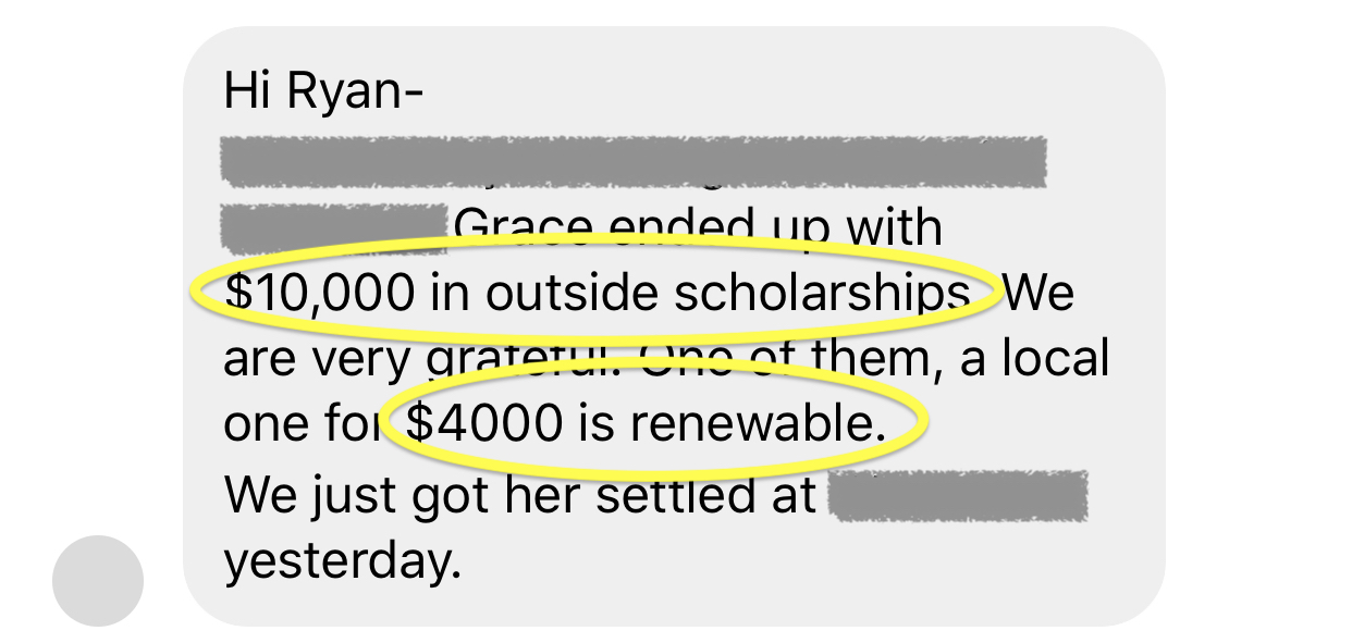 Screenshot sharing $10,000 in outside scholarships, including a local renewable award.