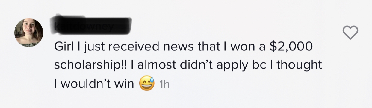 Screenshot sharing a $2,000 scholarship win after the student almost decided not to apply.