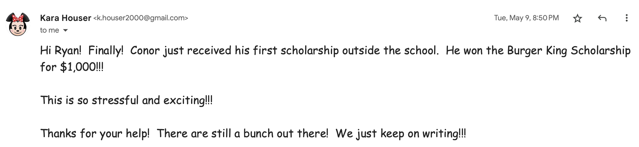 Screenshot sharing a student's first outside scholarship win of $1,000.