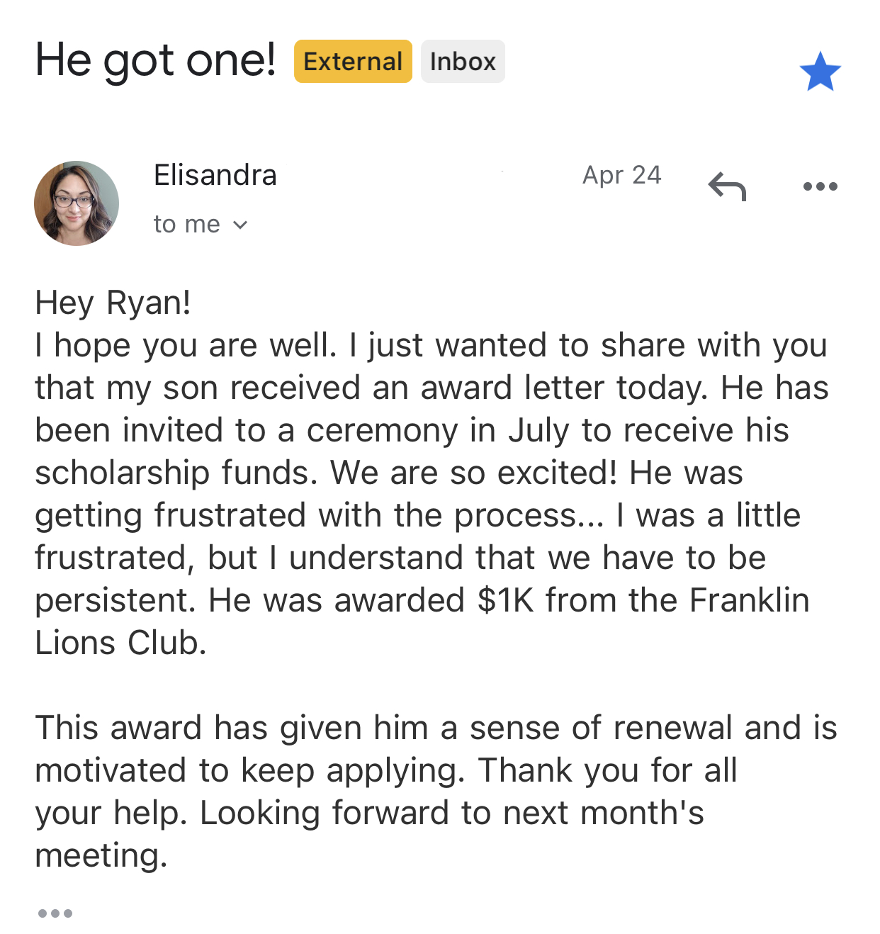 Screenshot sharing a first $1,000 scholarship win after earlier rejection and frustration.