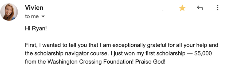 Screenshot sharing a first scholarship win of $5,000.