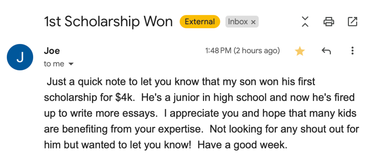 Screenshot sharing a high-school junior's first scholarship win of $4,000.