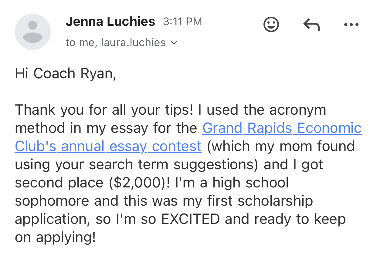 Screenshot sharing a high-school sophomore's first scholarship win of $2,000.