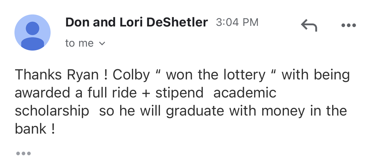 Screenshot sharing a full-ride scholarship plus a stipend.