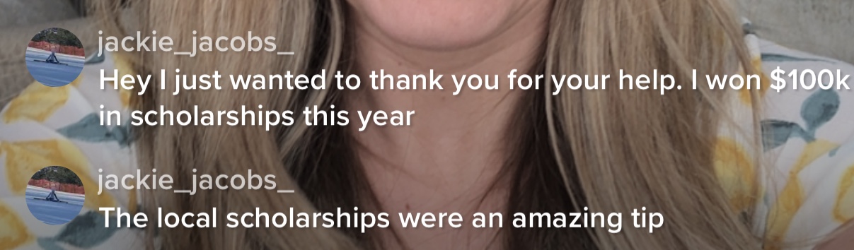 Screenshot sharing approximately $100,000 in scholarship results connected to local scholarships.