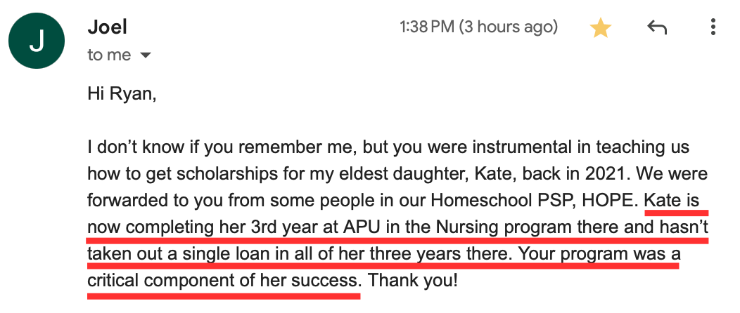 Screenshot sharing that scholarships helped a student avoid loans across three years of college.