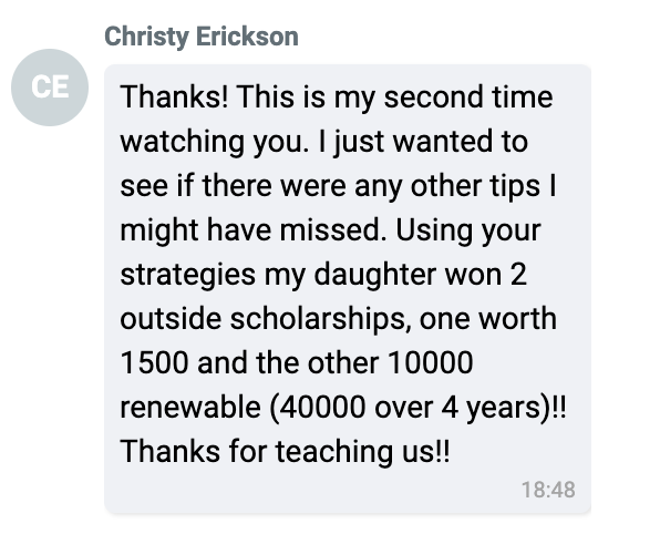 Screenshot sharing outside scholarship wins including a renewable award worth $40,000 over four years.