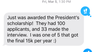 Screenshot sharing a President's Scholarship worth about $60,000 over four years.