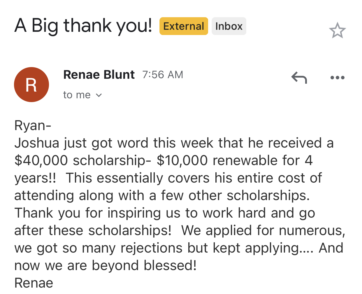 Screenshot sharing a $40,000 renewable scholarship and the value of continuing after rejections.