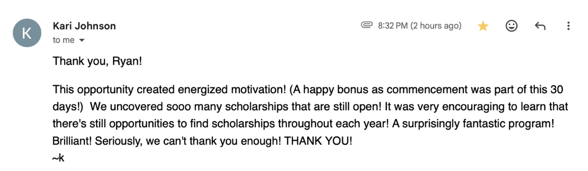 Screenshot describing renewed motivation and newly uncovered scholarship opportunities.