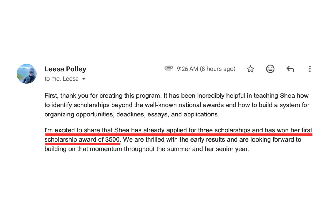 Screenshot describing organization across deadlines, essays and applications along with a first scholarship win.