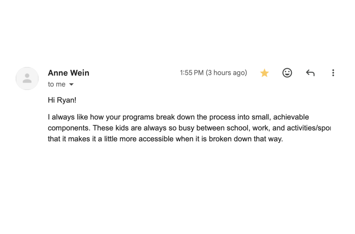 Screenshot describing the process as broken into small, achievable components.