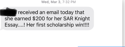 Screenshot sharing Heidi's first scholarship win of $200.