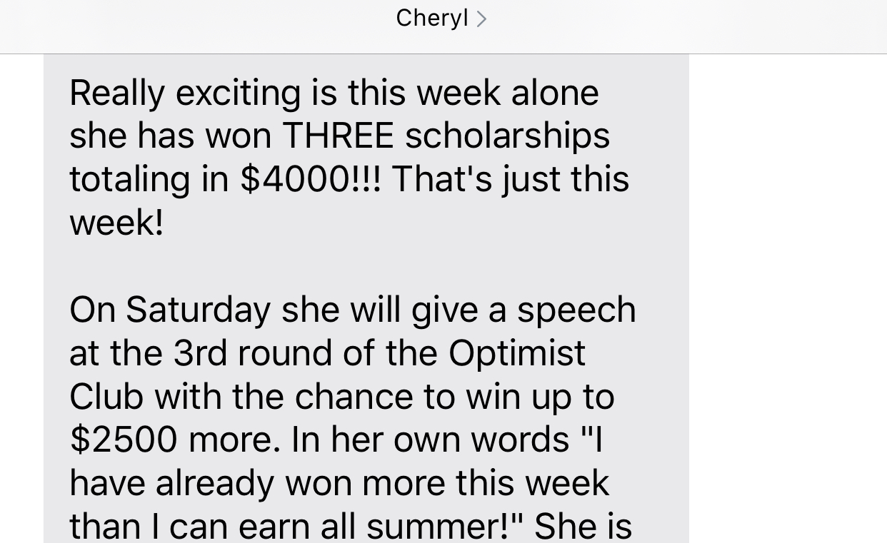 Screenshot sharing three scholarship wins totaling $4,000 in one week.