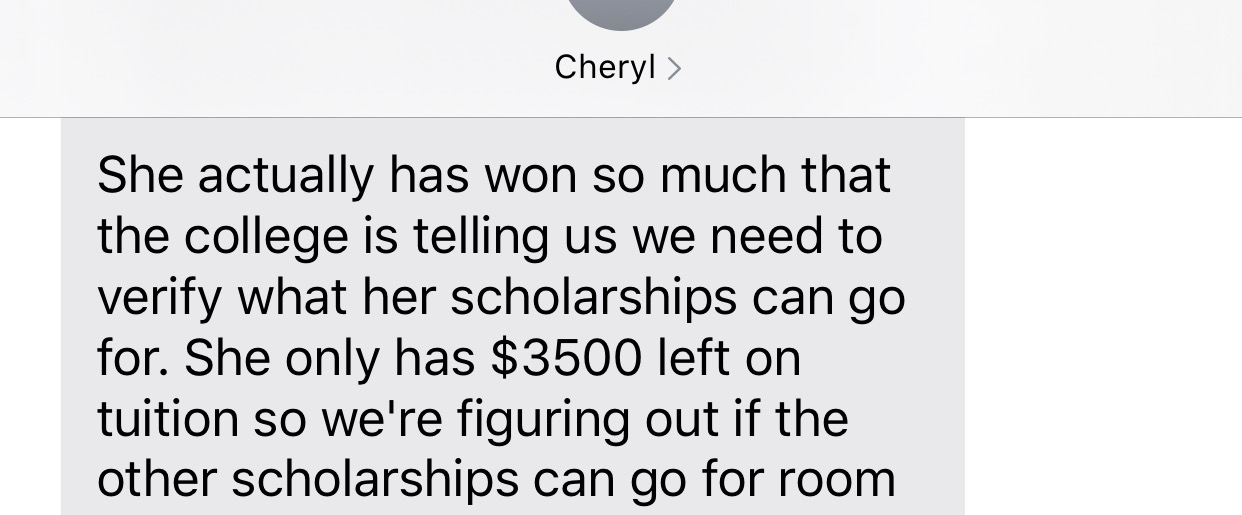 Screenshot from Heidi's family asking how additional scholarship funding could be used after tuition was covered.
