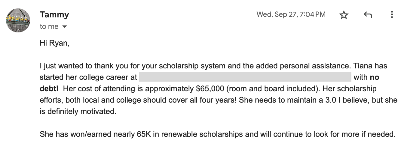 Screenshot sharing about $65,000 in renewable scholarships and no student debt.