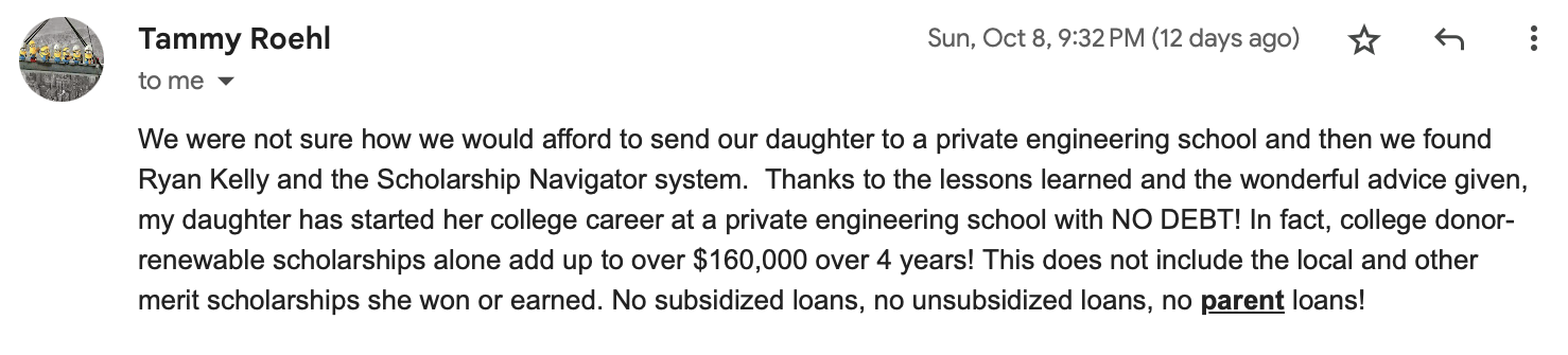 Screenshot sharing more than $160,000 in scholarship results and no need for student loans.