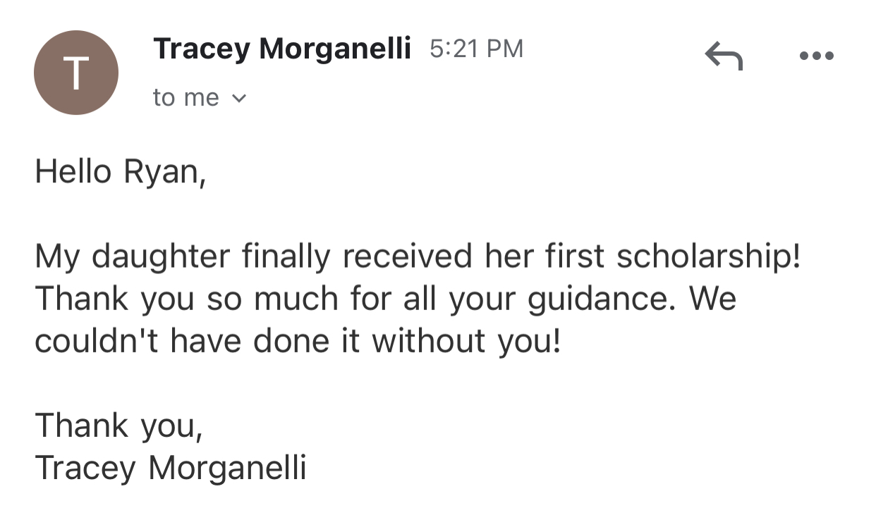 Screenshot sharing Tracey's daughter's first scholarship win.
