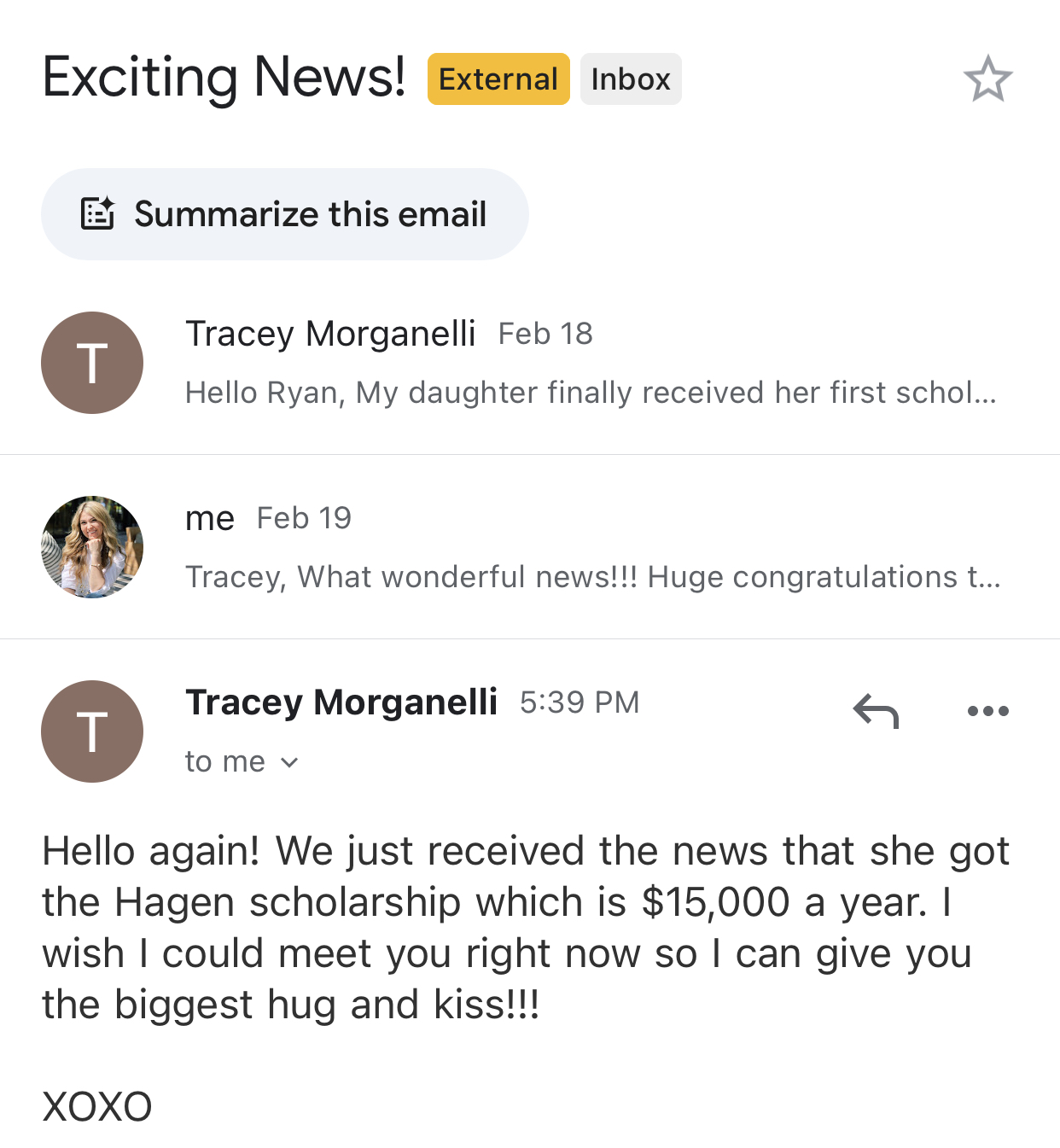 Screenshot sharing a $15,000 scholarship win.