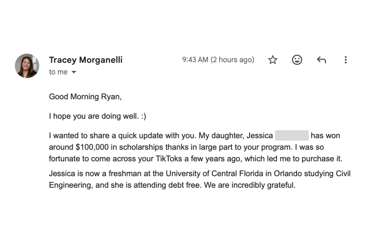 Screenshot sharing that Tracey's daughter had reached around $100,000 in scholarships and was attending college debt-free.