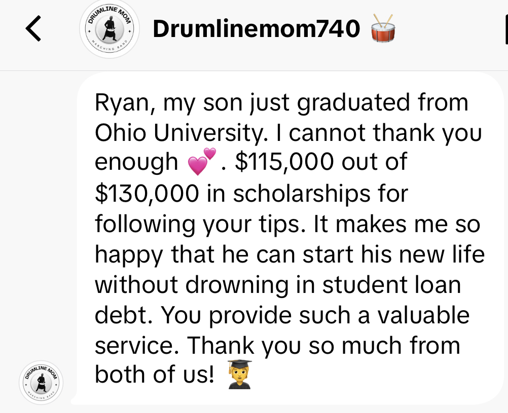 Screenshot sharing that Wendy's family had reached $115,000 of $130,000 in college costs through scholarships and no student-loan debt.